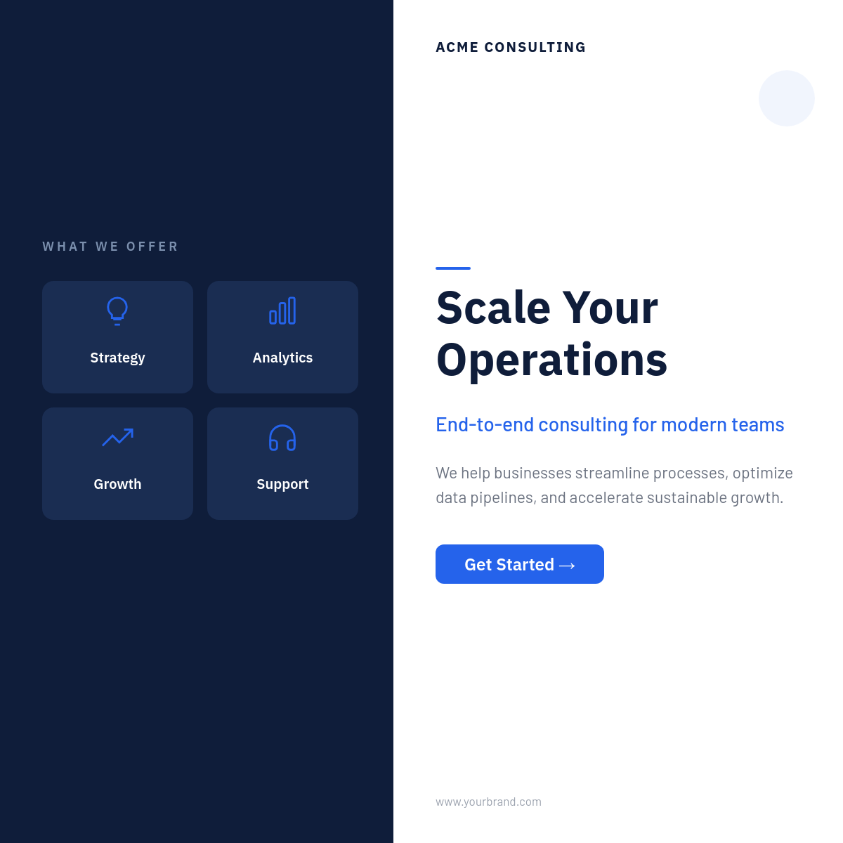 B2B Service Ad — Navy Split Icon Grid
