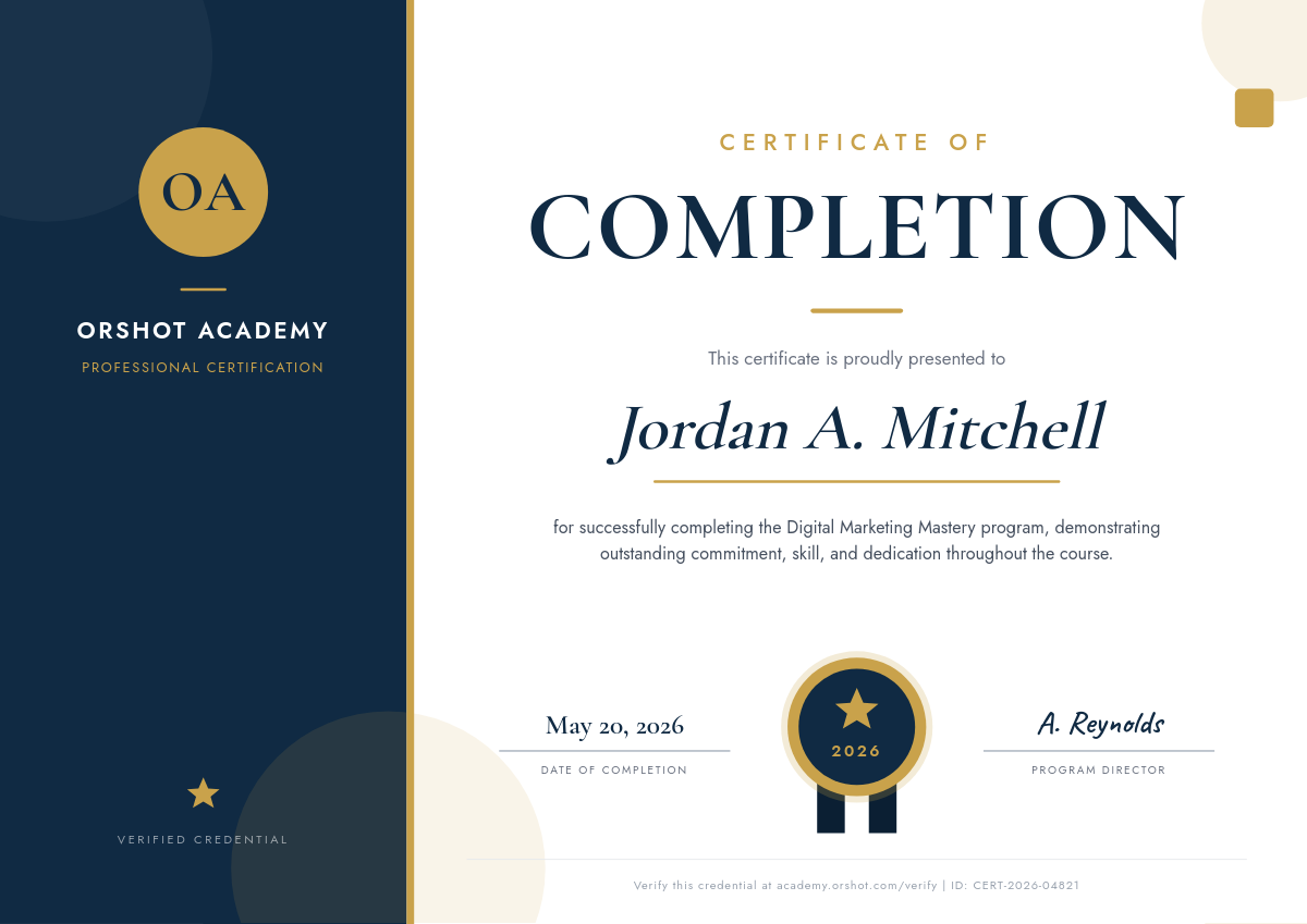 Modern Course Completion Certificate with Navy Side Panel