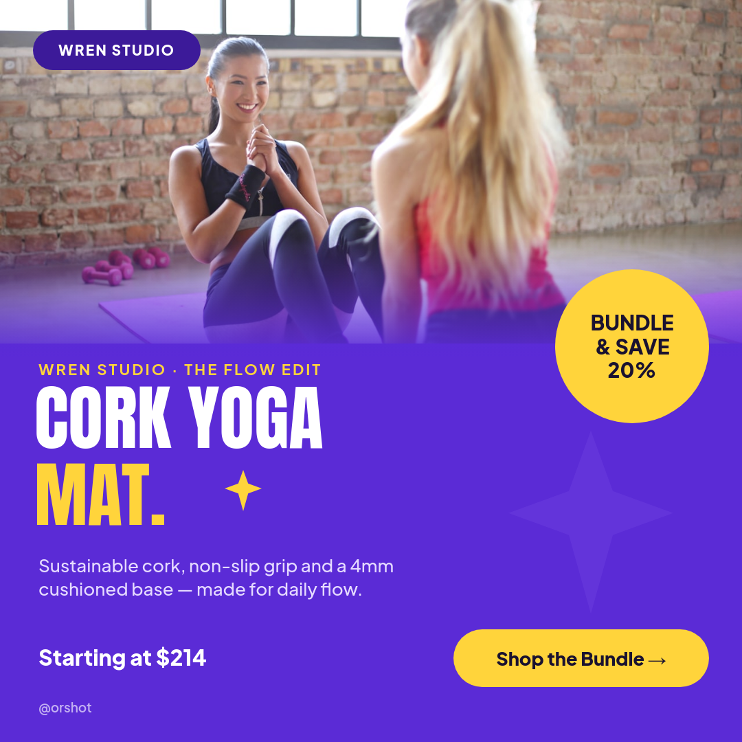Vibrant Violet Cork Yoga Mat Product Card — Anton Headline, Yellow Save Disc & Bundle CTA