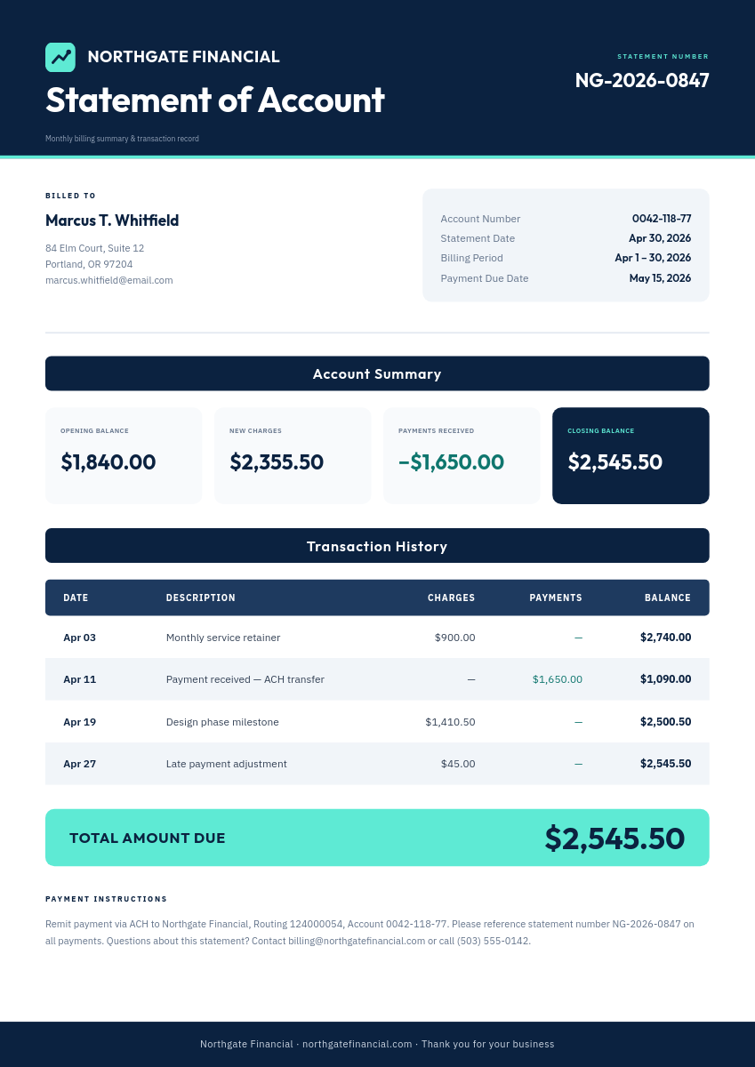 Statement of Account A4 Document with Navy Header & Summary Cards