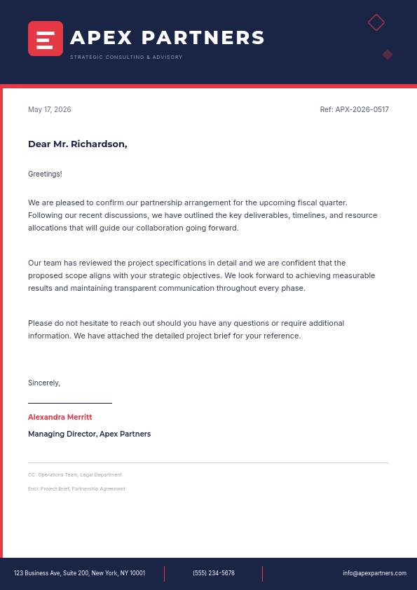 Navy Red Professional Business Letter with Bold Logo Header and Contact Footer