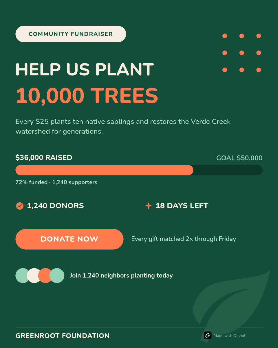 Forest-Green Community Fundraiser Card — Nunito Rounded Caps, Coral Progress Bar, Donor Stats & Donate-Now Pill