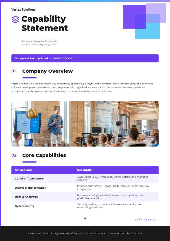 Modern Purple Geometric Company Capability Statement with Numbered Sections