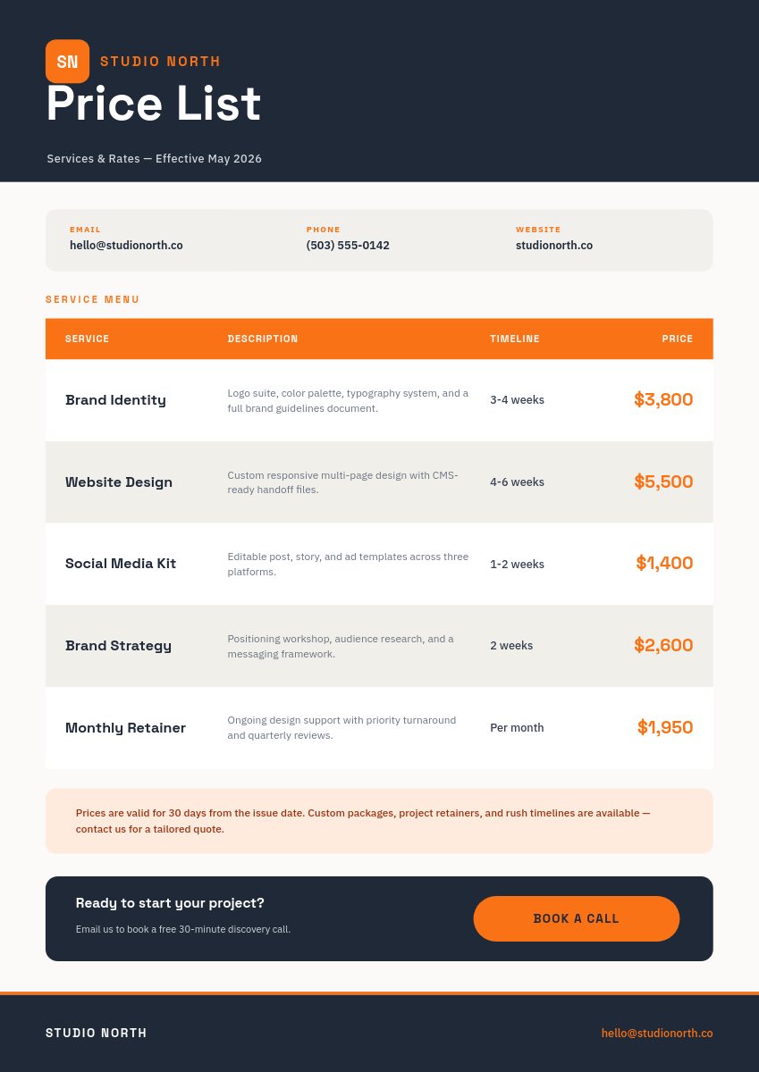 Charcoal & Tangerine Service Price List A4 Document
