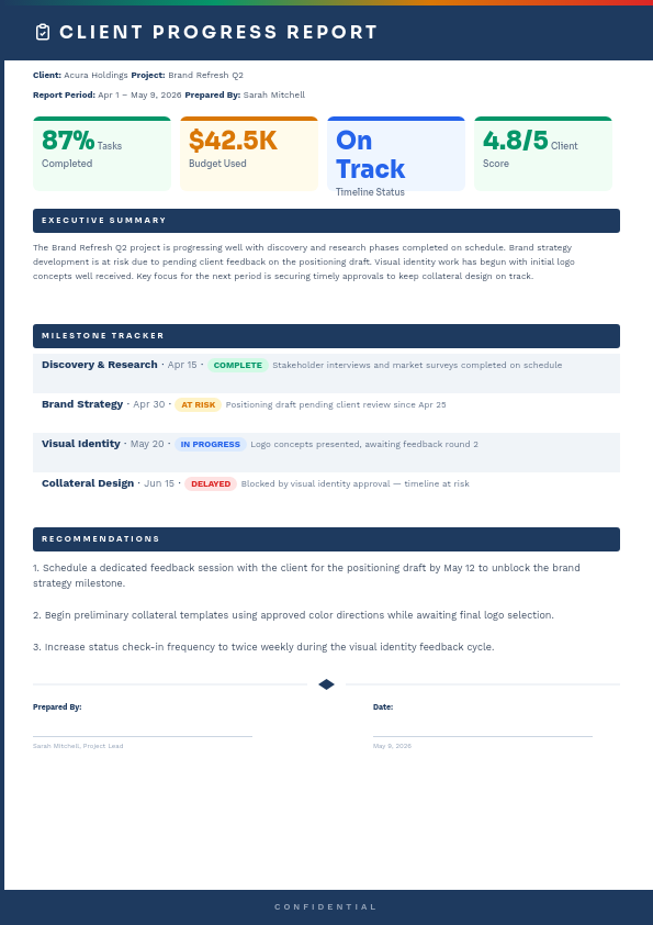 Professional Client Progress Report with KPI Dashboard and Milestone Tracker