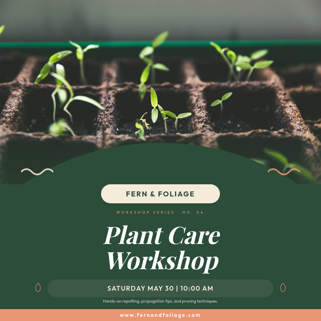 Forest Green Botanical Plant Care Workshop Ad with Curved Overlay and Cream Brand Pill