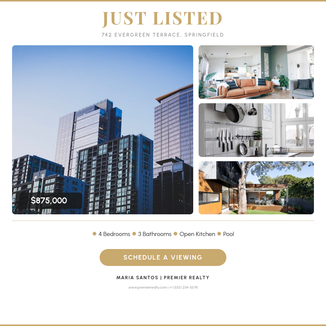 White and Gold Multi-Photo Just Listed Property Showcase with Specs Row and CTA Pill