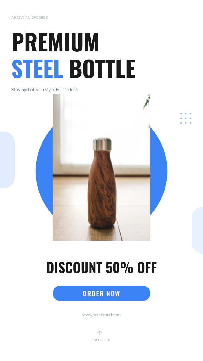Bold White Product Showcase with Blue Circle Accent and Condensed Typography