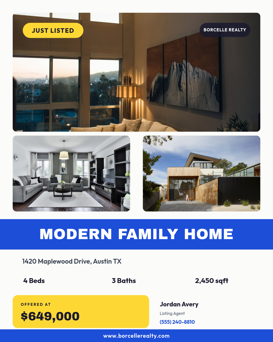 Bold Blue Just Listed Real Estate Flyer with Photo Collage