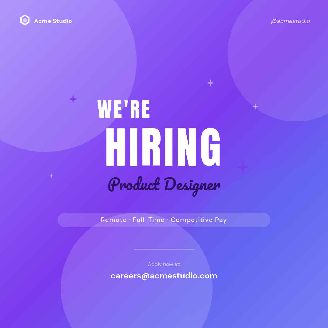 Vibrant Purple Gradient Hiring Post with Bold Typography and Script Role Accent