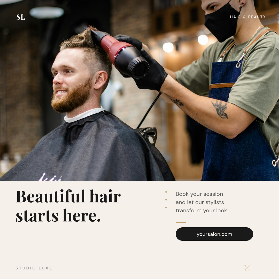 Editorial Hair Salon Close-Up with Bold Serif Headline