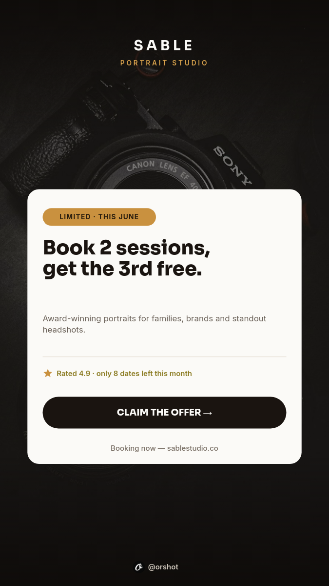 Dark Studio Portrait Offer Story — Centered White Card, Amber Accent & Camera-Gear Backdrop