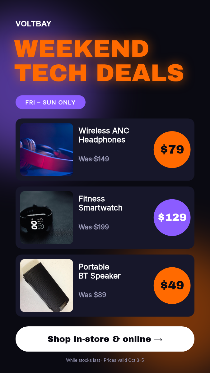 Animated Tech Deals Video 9:16 — Neon Orange & Violet