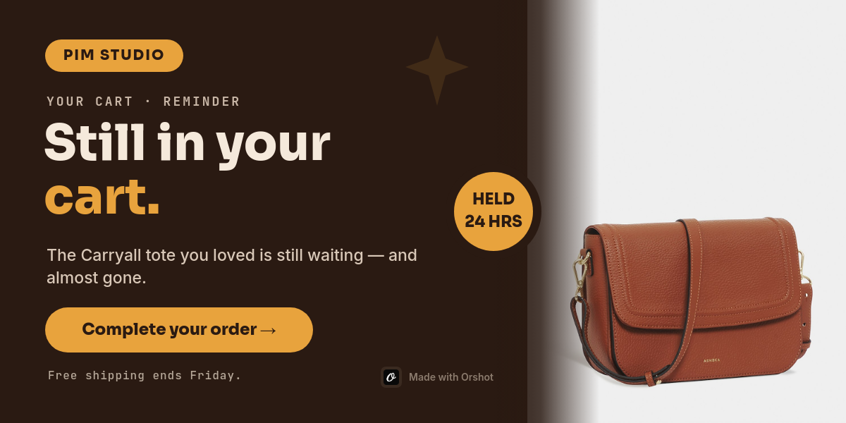 Espresso & Amber Abandoned-Cart Reminder Email Banner — Sora Bold Headline, Leather Product Photo & Held-24h Coin