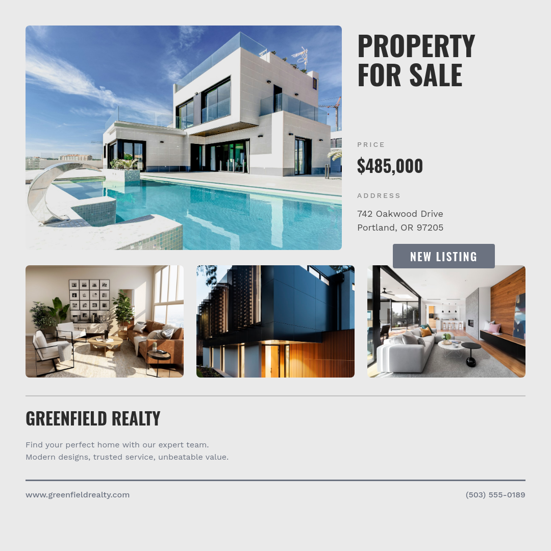 Light Gray Multi-Photo Property Sale Grid with Bold Headline and Gallery Row