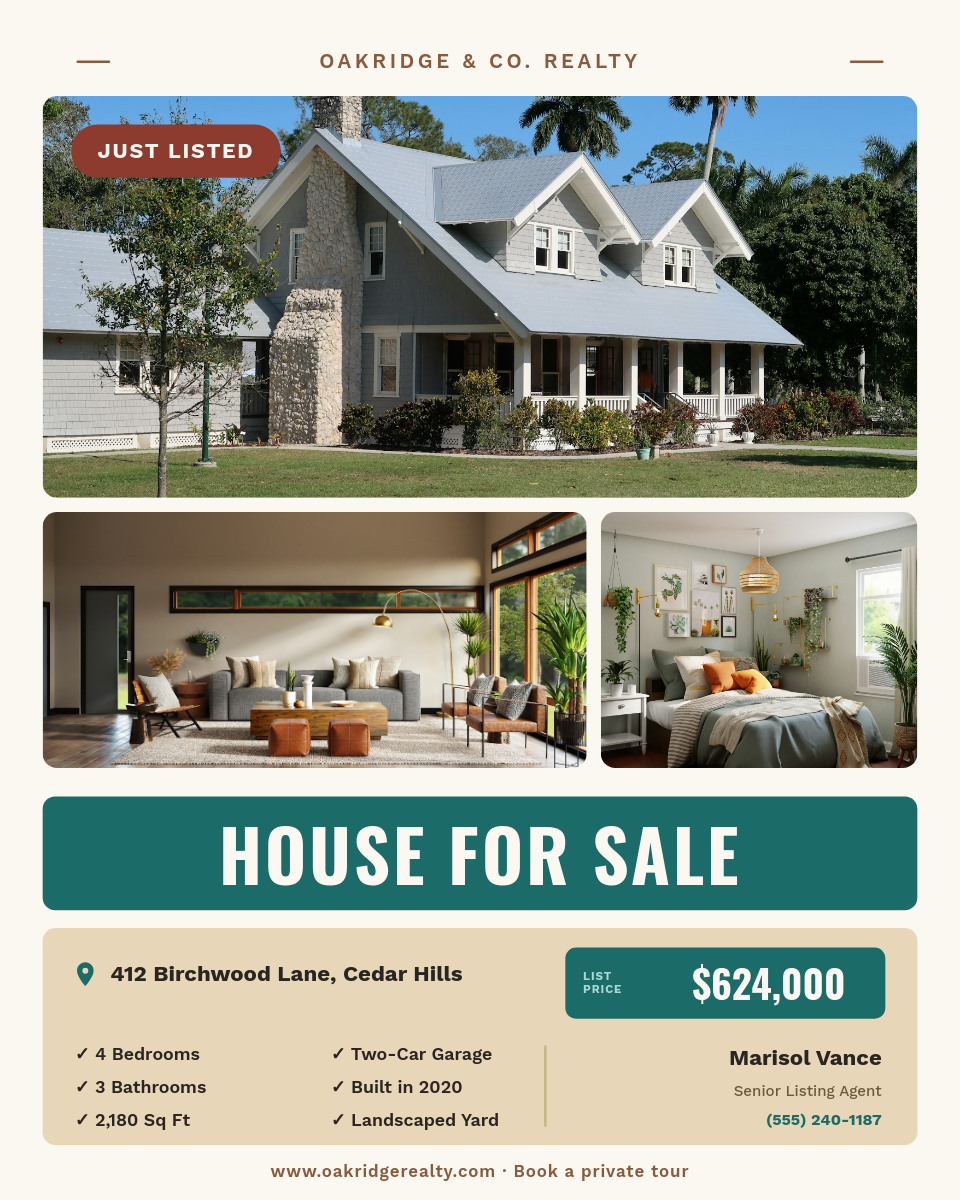 Warm Teal & Cream House For Sale Real Estate Flyer Post