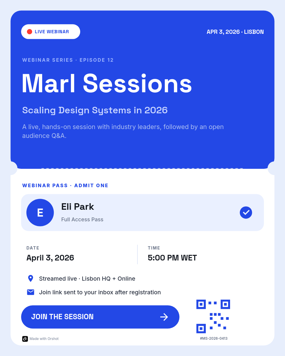 Royal Blue & White Webinar Pass Ticket — Space Grotesk Headline, Perforated Stub, Holder Block & QR