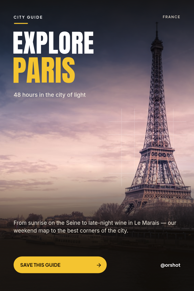 Explore Paris Travel City-Guide Pin — Full-Bleed Sunset Photo, Anton Condensed Caps & Yellow Accent