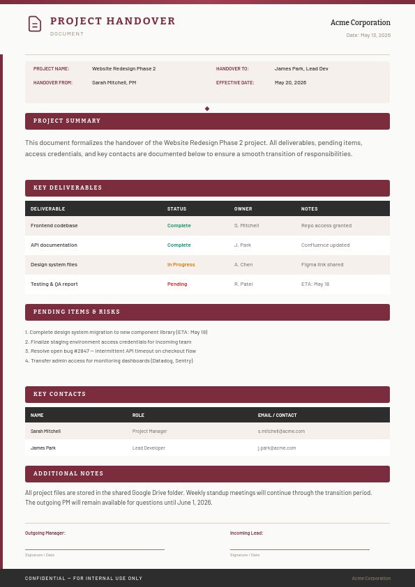 Professional Project Handover Document with Burgundy Headers and Deliverables Table