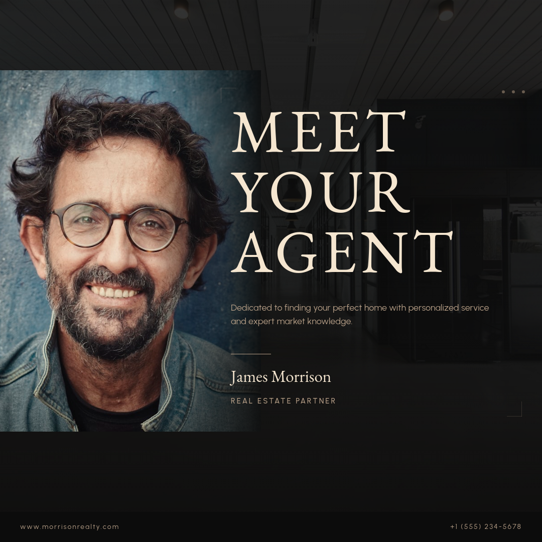 Dark Moody Meet Your Agent Introduction with Giant Serif Headline and Professional Headshot