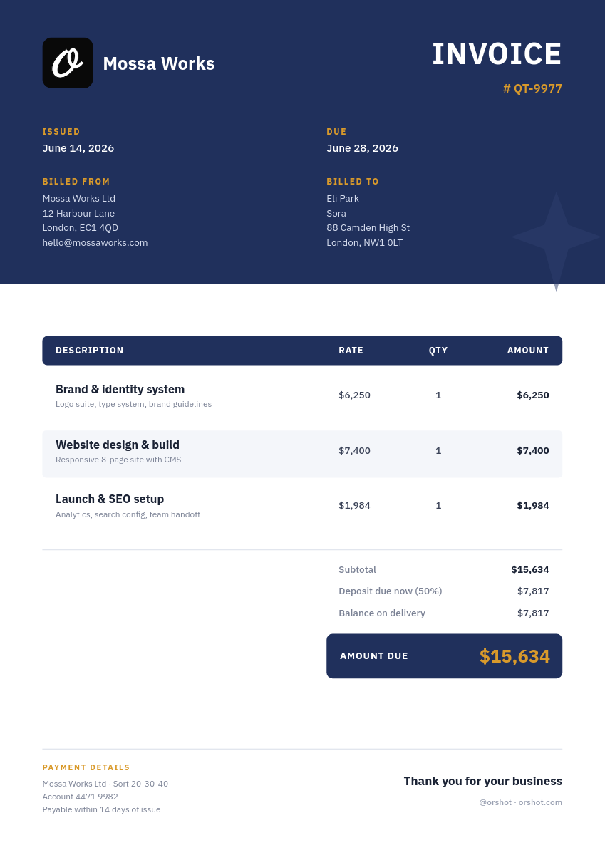 Navy Professional Service Invoice — IBM Plex Sans, Gold Labels & Amount-Due Box