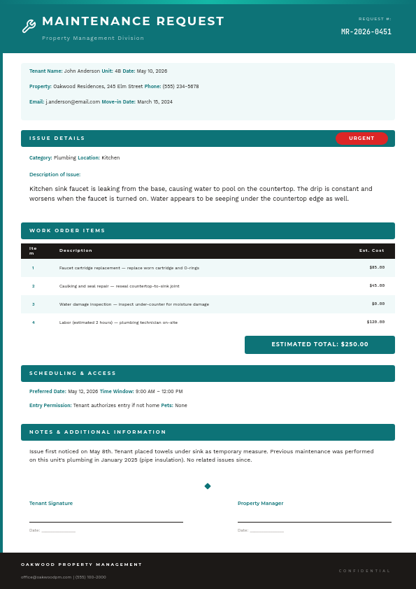 Professional Maintenance Request Form with Teal Section Headers and Priority Badge