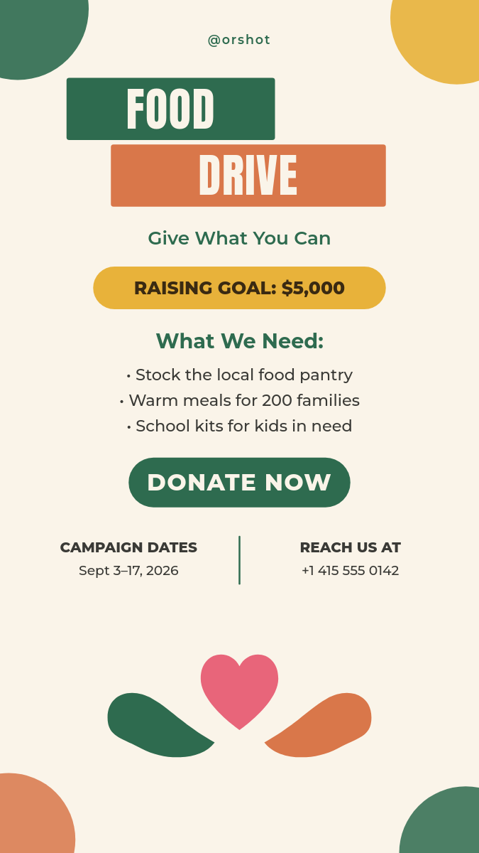 Food Drive Charity Fundraising Story — Bold Bars & Hands Holding Heart