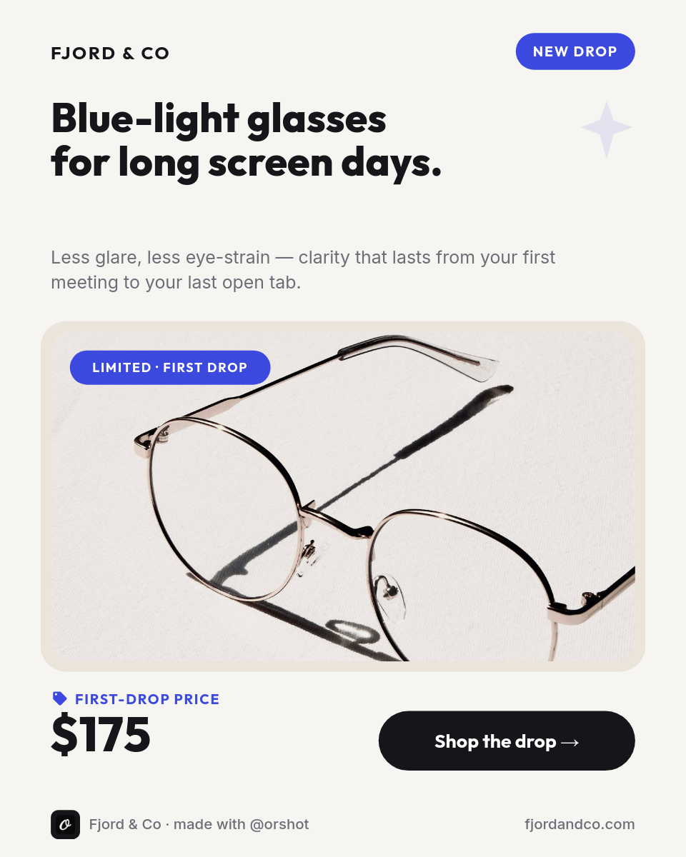 Warm-White Minimal Blue-Light Glasses Product Drop — Outfit Bold, Indigo Accent & Framed Photo