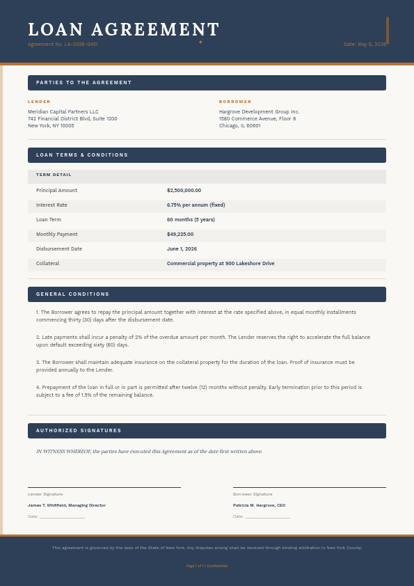 Professional Loan Agreement Document with Copper Accents and Dual Signature Block