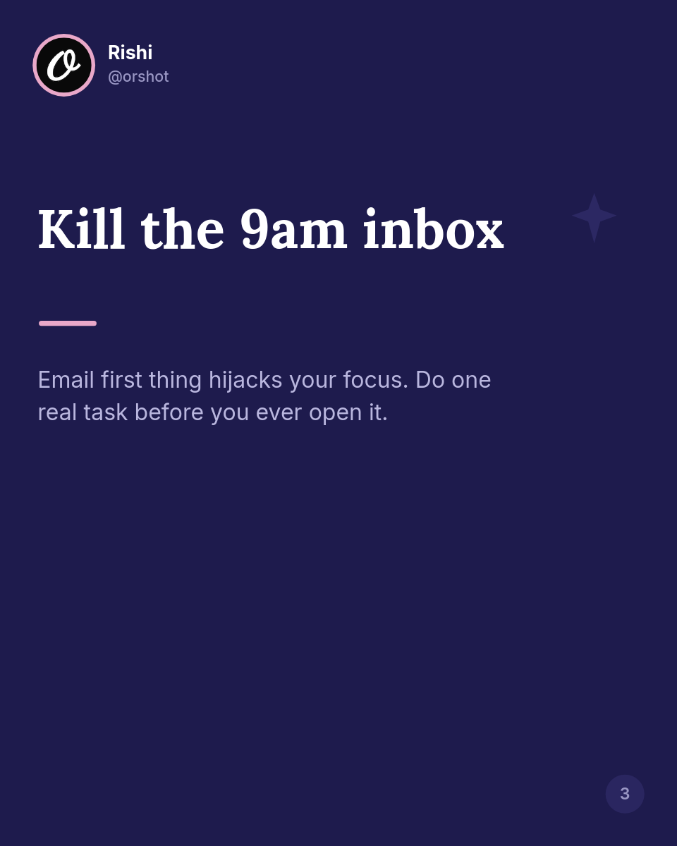 Deep Indigo Tweet-Card Productivity Carousel — Lora Serif Hooks, Pink Avatar Ring & Page Dots - Page 3