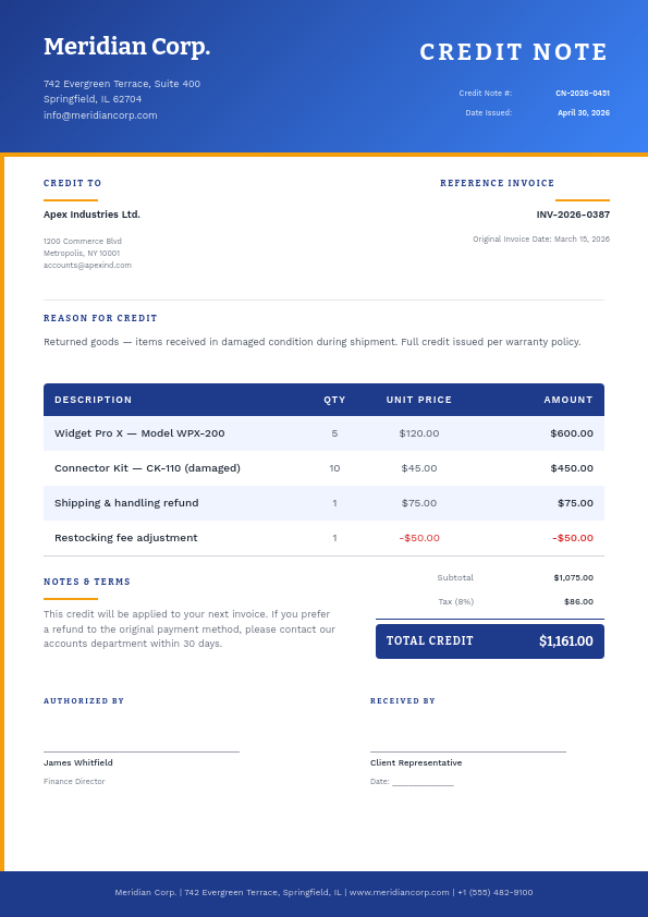 Professional Credit Note with Blue Gradient Header