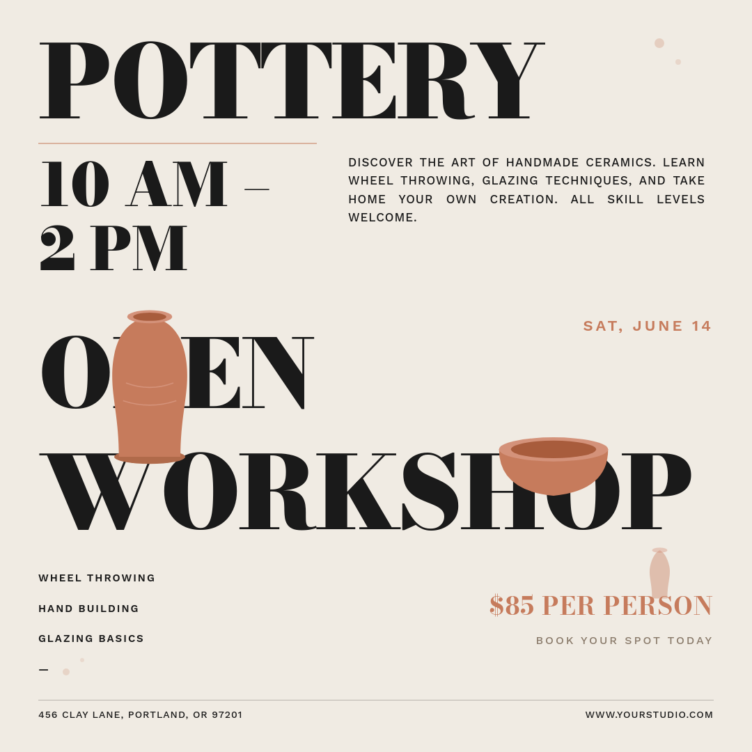 Bold Typographic Pottery Studio Open Workshop Poster with Giant Stacked Serif Headline