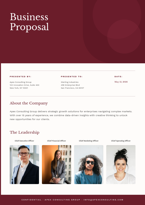 Elegant Burgundy Business Proposal Cover with Leadership Photos and Organic Shapes