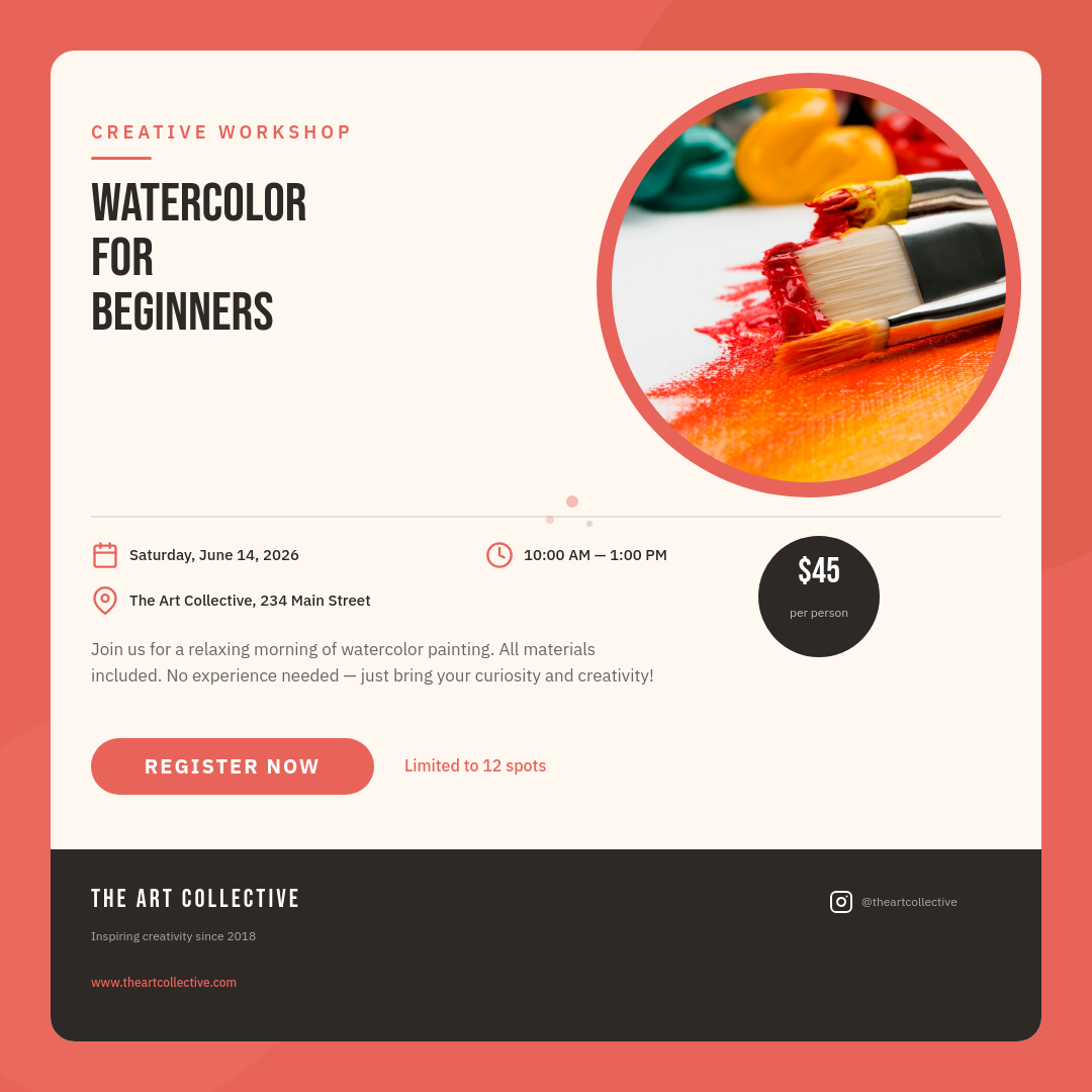 Warm Coral Creative Workshop Announcement with Circular Photo and Bold Type