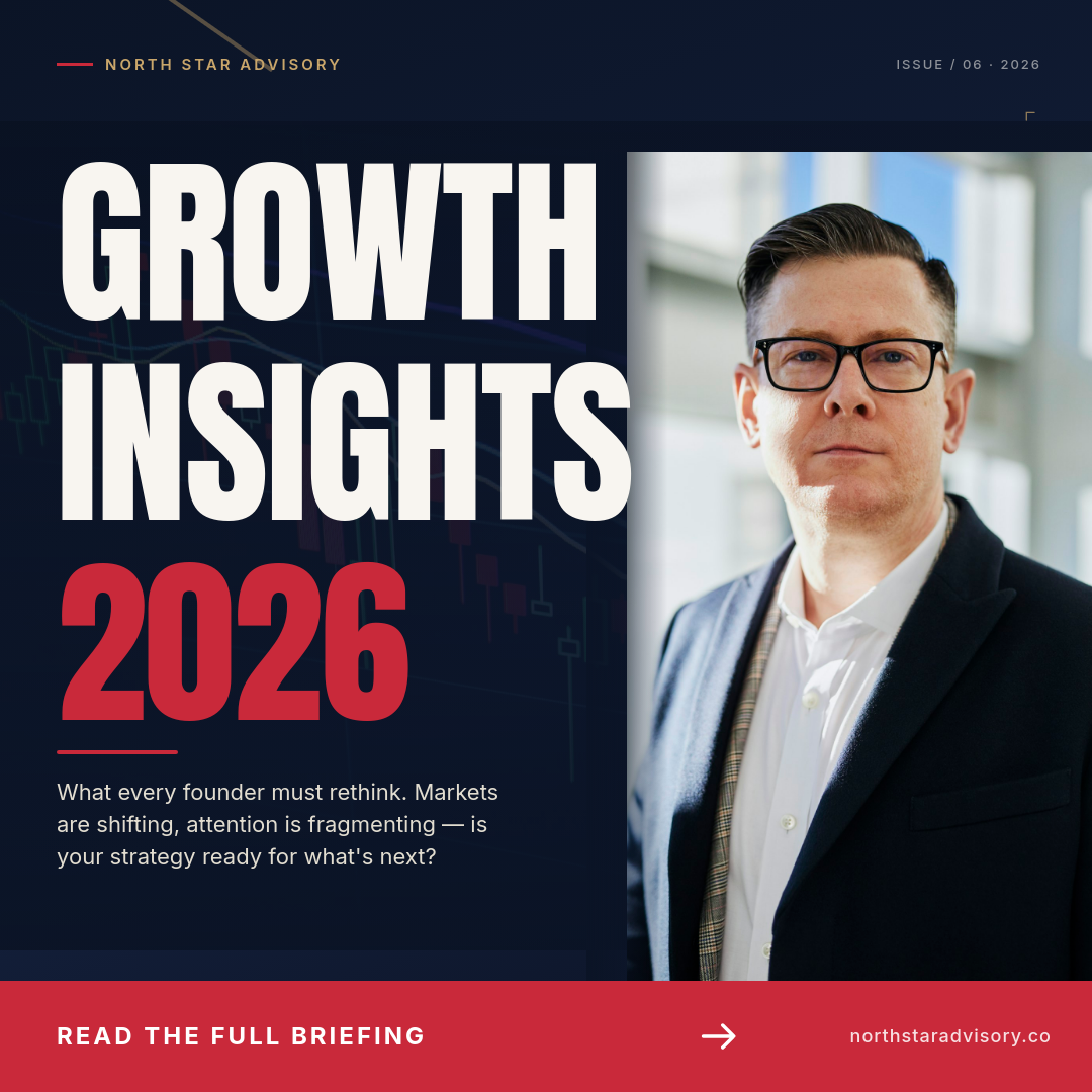Deep Navy and Signal Red Growth Insights 2026 Marketing Agency Instagram Square Ad with Anton Vertically Stacked Display Headline, Faint Chart Silhouette Background, Hero Strategist Portrait and Red Footer Bar