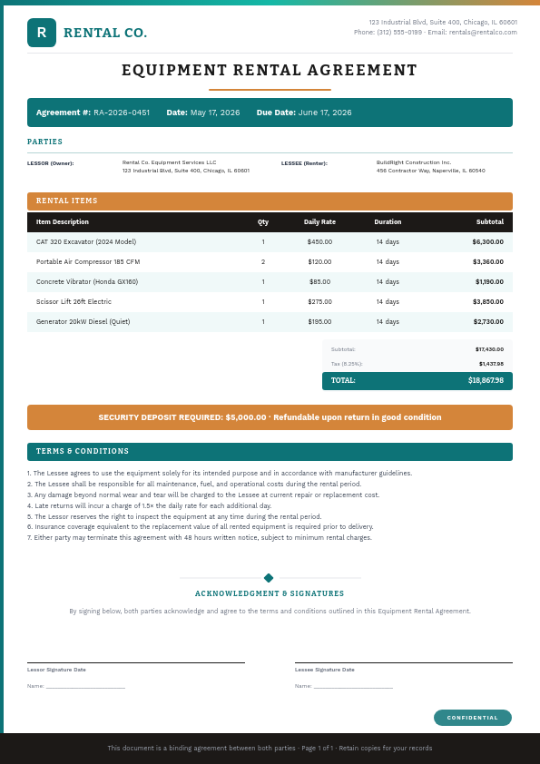 Clean Teal Equipment Rental Agreement with Itemized Table and Terms