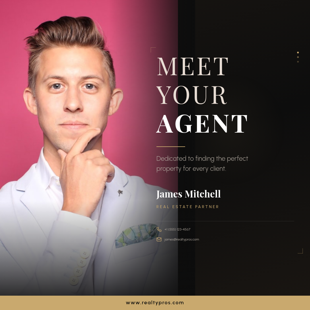Dark Moody Agent Introduction with Giant Serif Headline and Professional Headshot