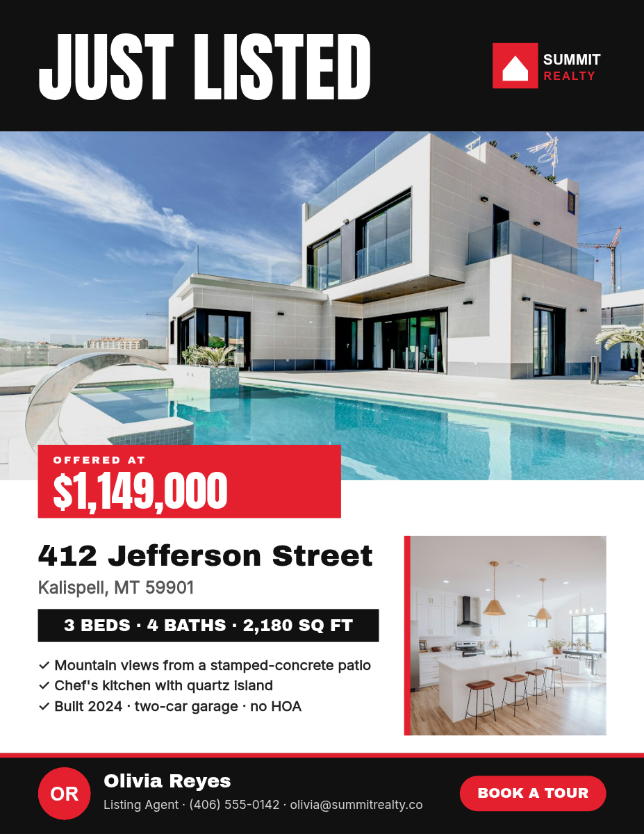 Real Estate Just Listed Flyer — Letter Size, Black & Red