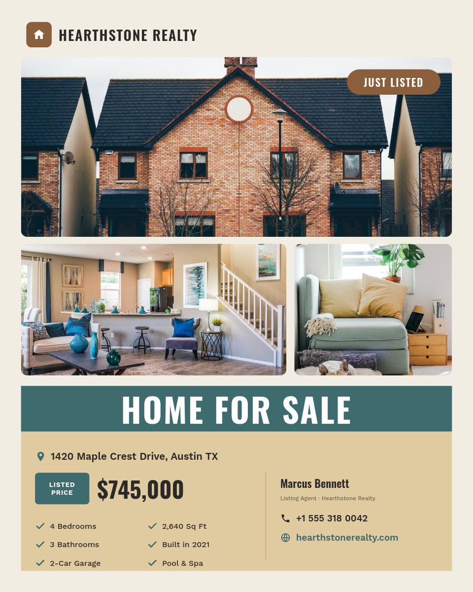 Cream & Teal Just Listed Real Estate Post with 3-Photo Collage