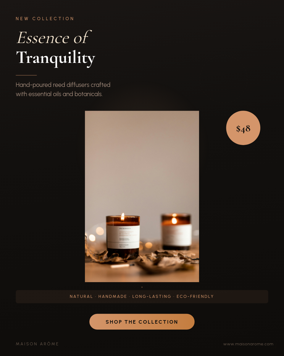 Dark Moody Home Fragrance Diffuser Product Ad with Warm Amber Glow and Serif Headline