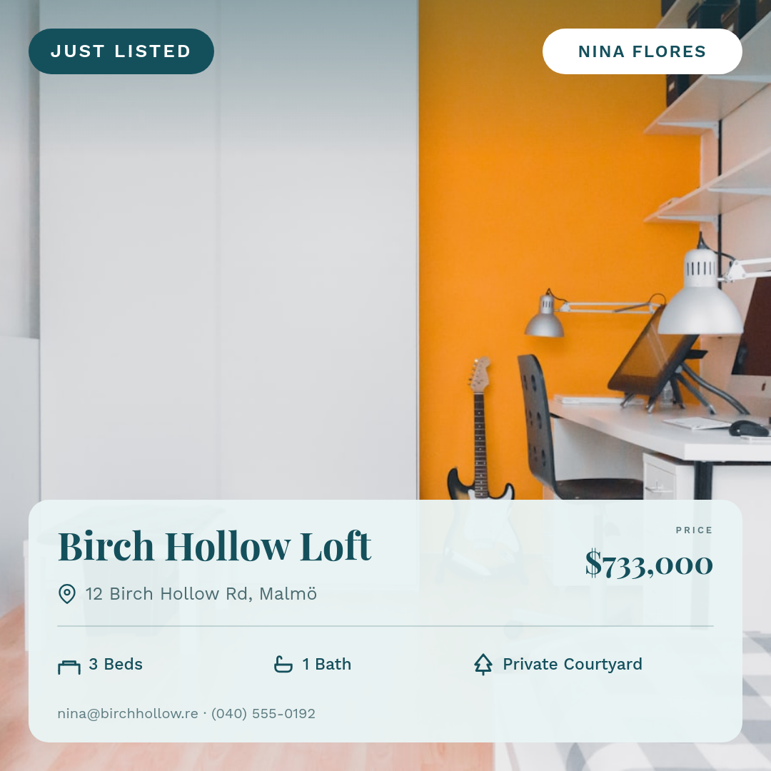Just Listed Real Estate Post — Airy Teal with Photo & Specs Panel