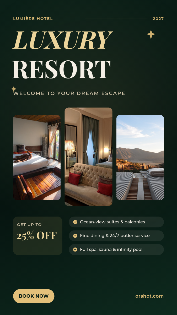 Emerald & Brass Luxury Hotel Story — Suites Promo with Photo Trio