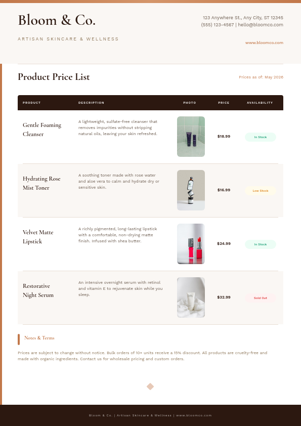 Elegant Product Catalog Price List with Photo Thumbnails and Availability Status