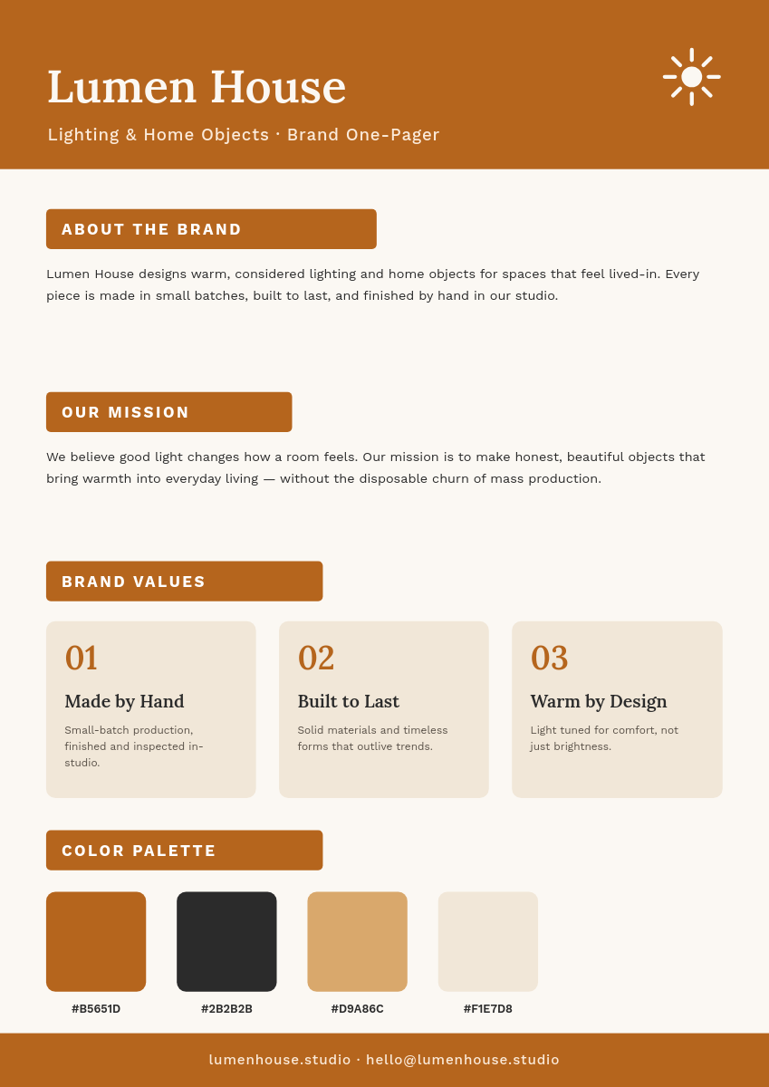 Warm Brand One-Pager — Ochre Section Blocks & Serif Headers