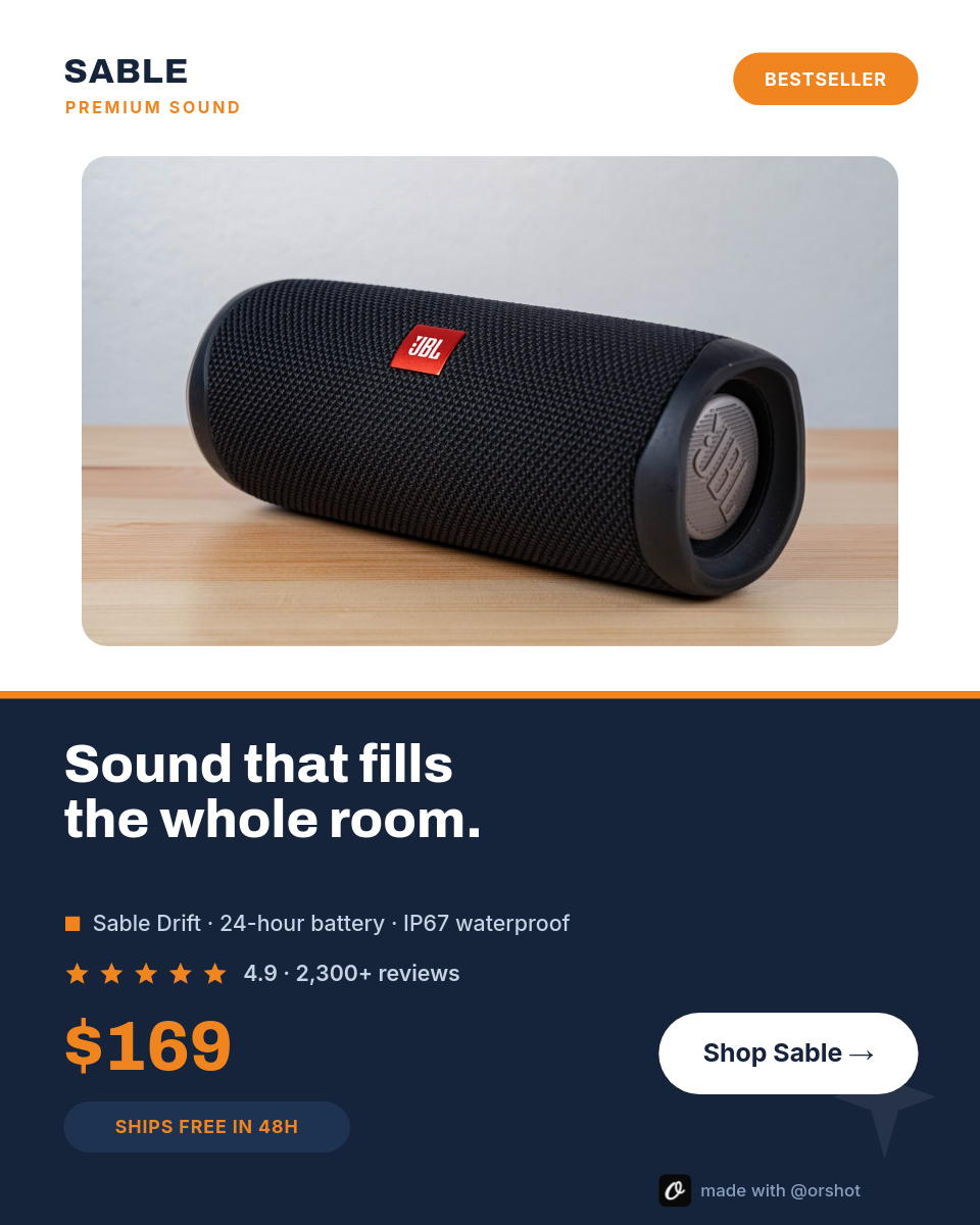 Navy & Orange Portable-Speaker Product Card — Archivo Bold, Lifestyle Photo, Star Reviews & Price