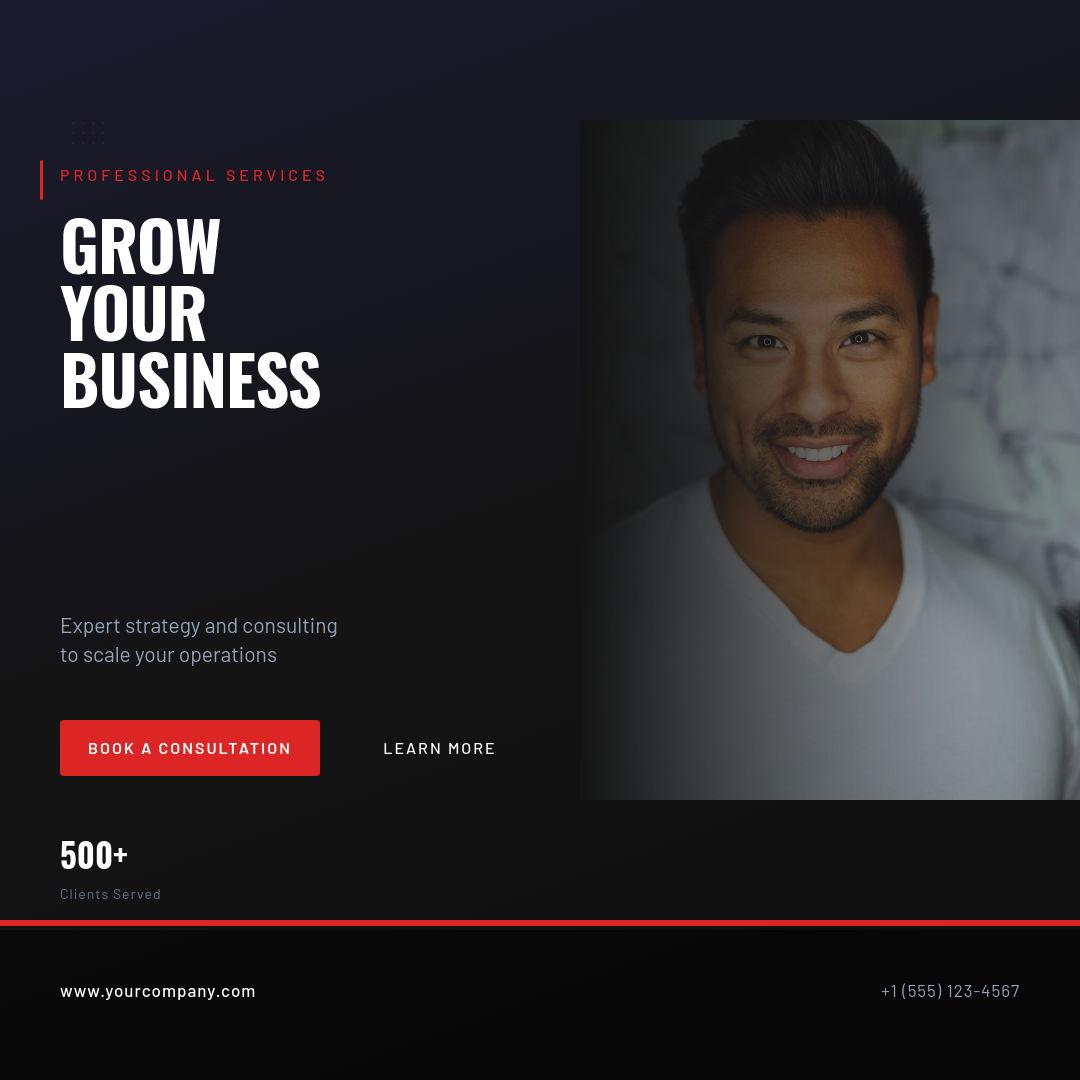 Bold Dark Professional Consultation Ad with Giant Condensed Headline and Red Accent