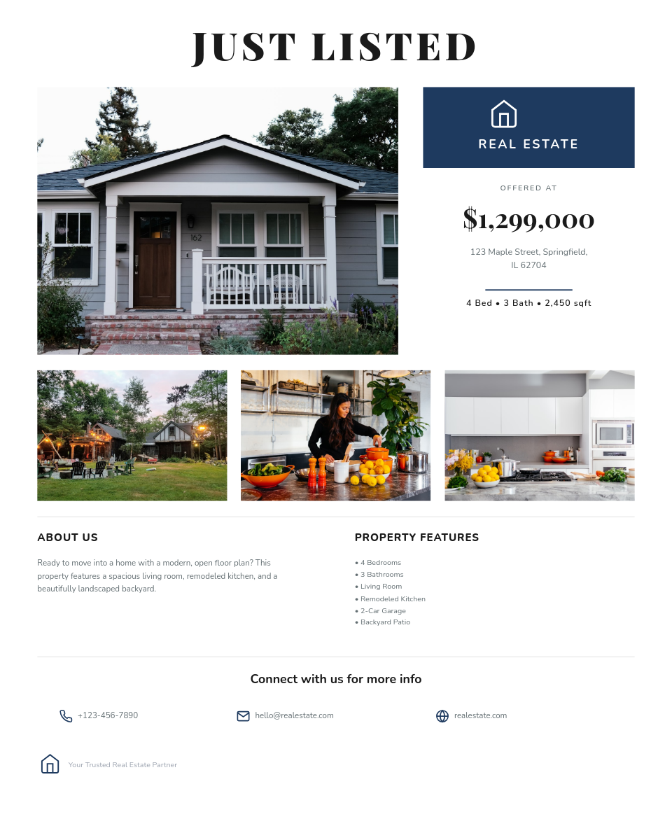 Clean Multi-Photo Property Listing Flyer with Navy Badge and Structured Features Grid
