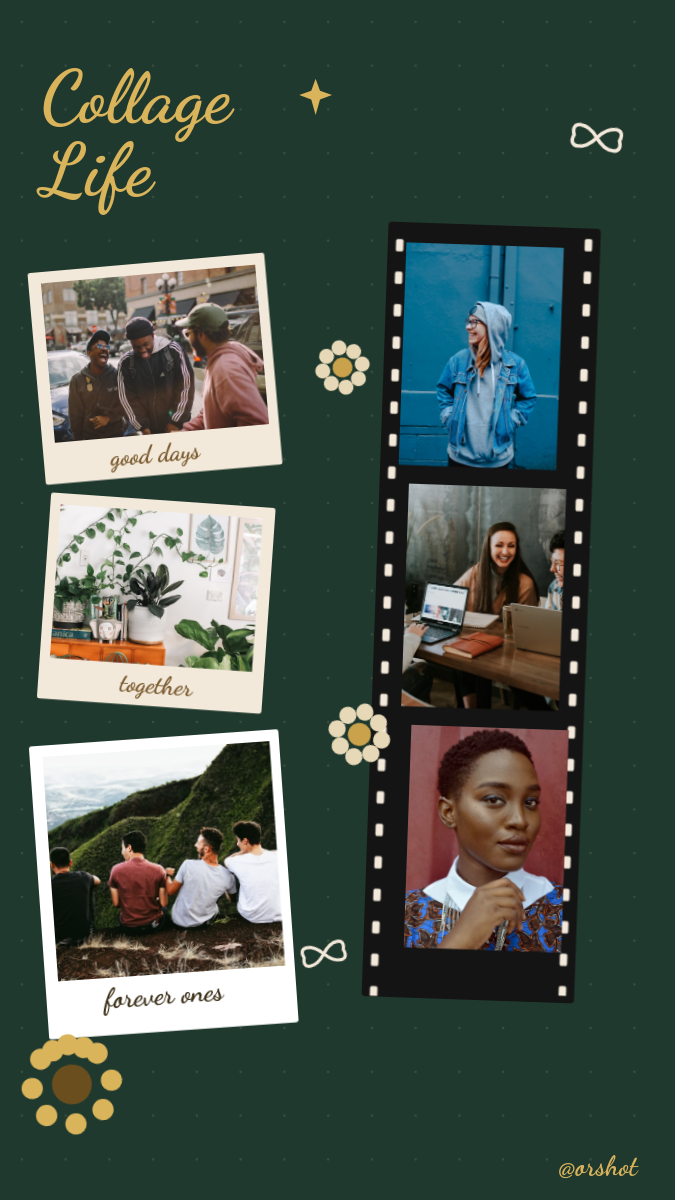 Memories Filmstrip Collage Story — Polaroids & Script, Forest Green & Gold