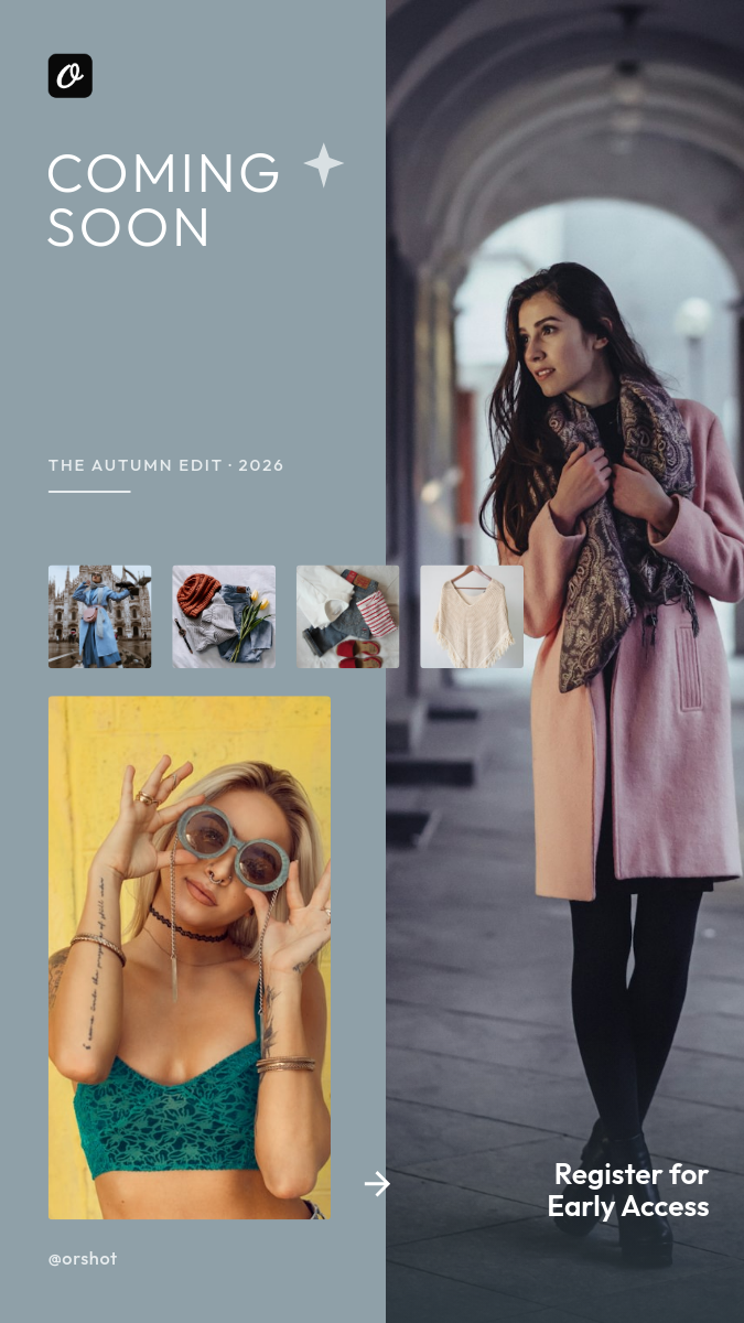Coming Soon Fashion Launch Story — Split Editorial Grid, Dusty Blue
