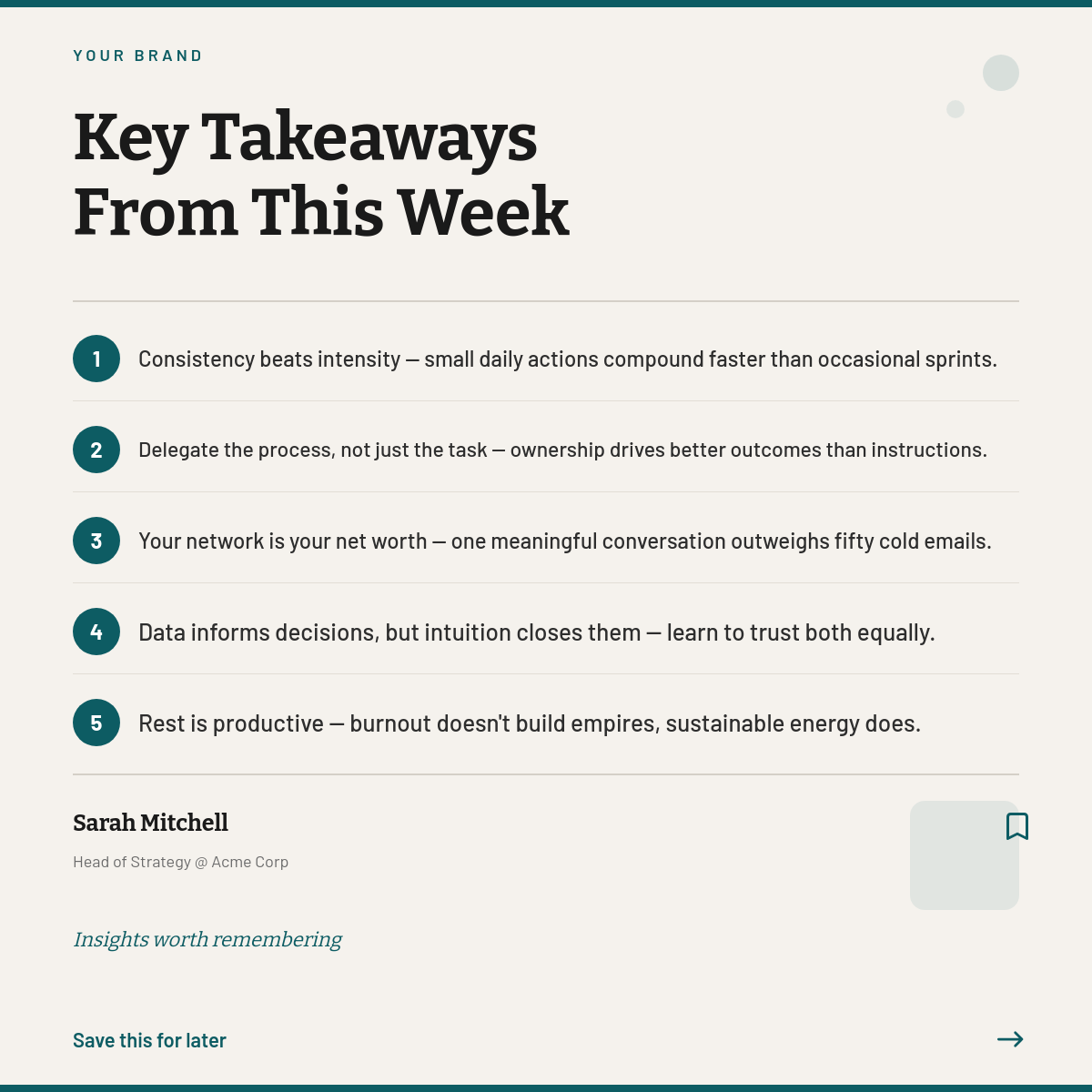 Key Takeaways Summary Card — Teal Numbered List